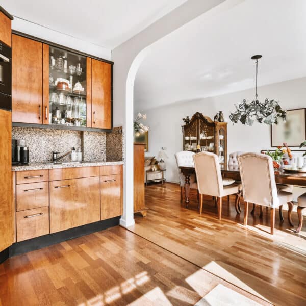 Light wooden kitchen in sunlight