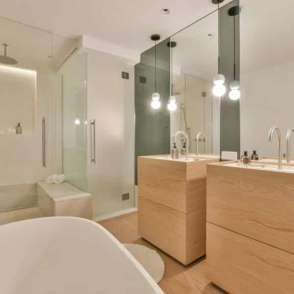 Modern bathroom with shower, bathtub and sink