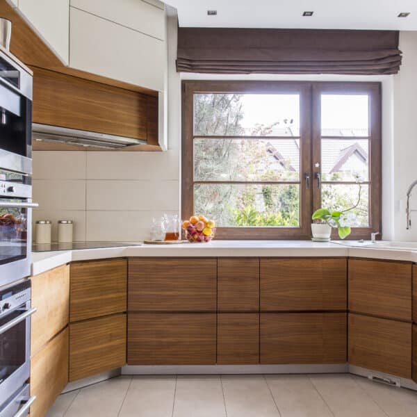 Wooden cupboards in new kitchen